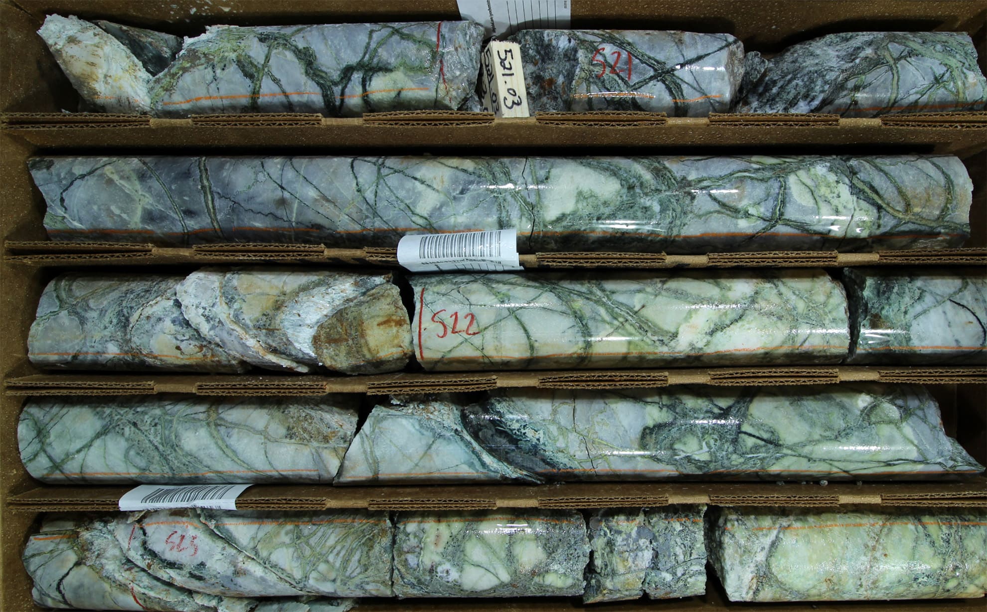 Quartz-pyroxene vein stockworks in completely dolomitized and marbleized limestone country rock, with chalcopyrite, pyrite and molybdenite along quartz vein selvages and down the centre of narrow pyroxene veinlets. (Hole 002; 522 m; HQ core).