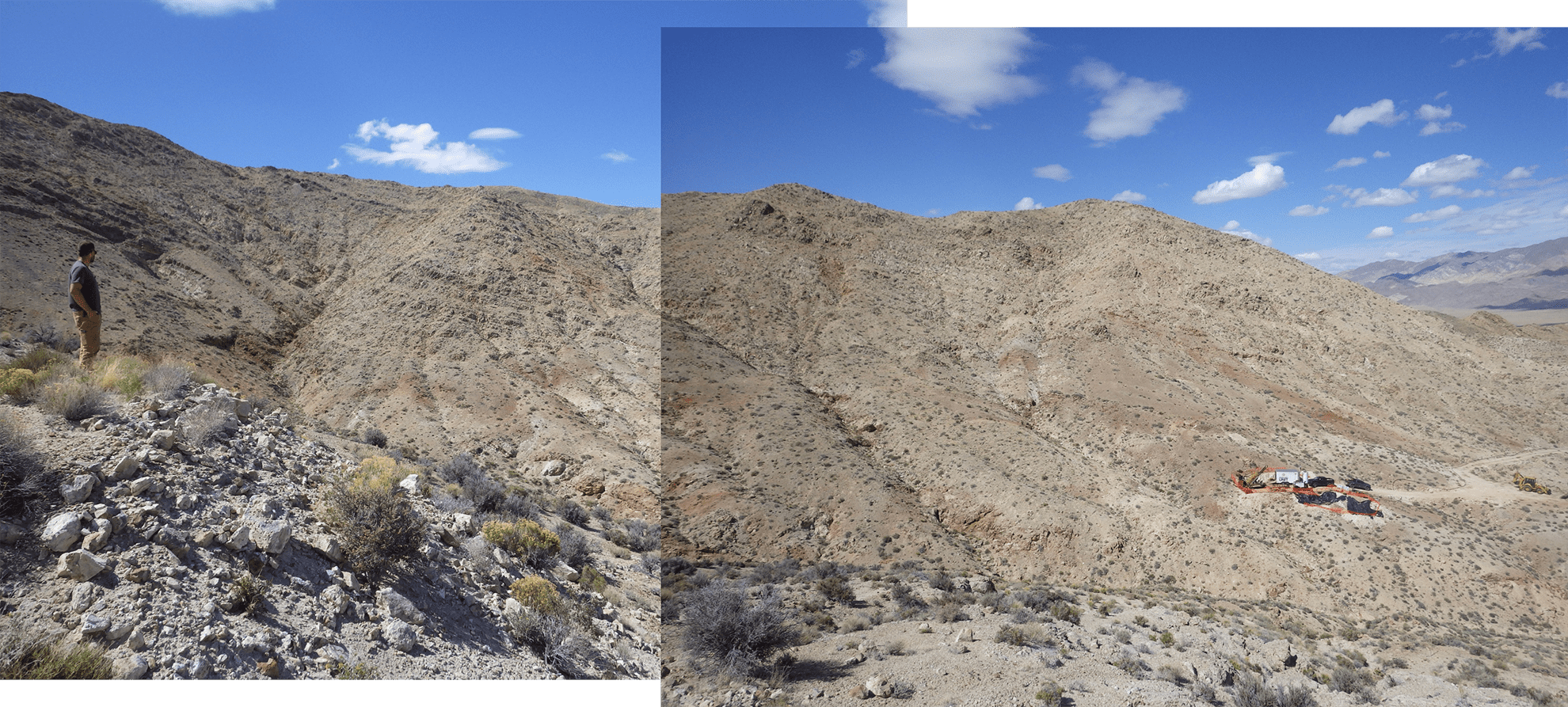 View north at East Zone bowl with maroon gossans, April 2024 drill program, Hole 001, with HWY 95 in main valley in background.