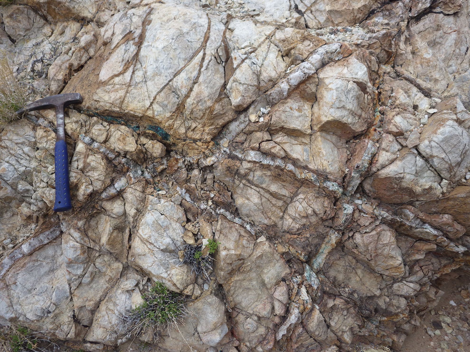 Clot of glassy limonite replacing chalcopyrite in quartz vein stockwork in marble, East Zone
