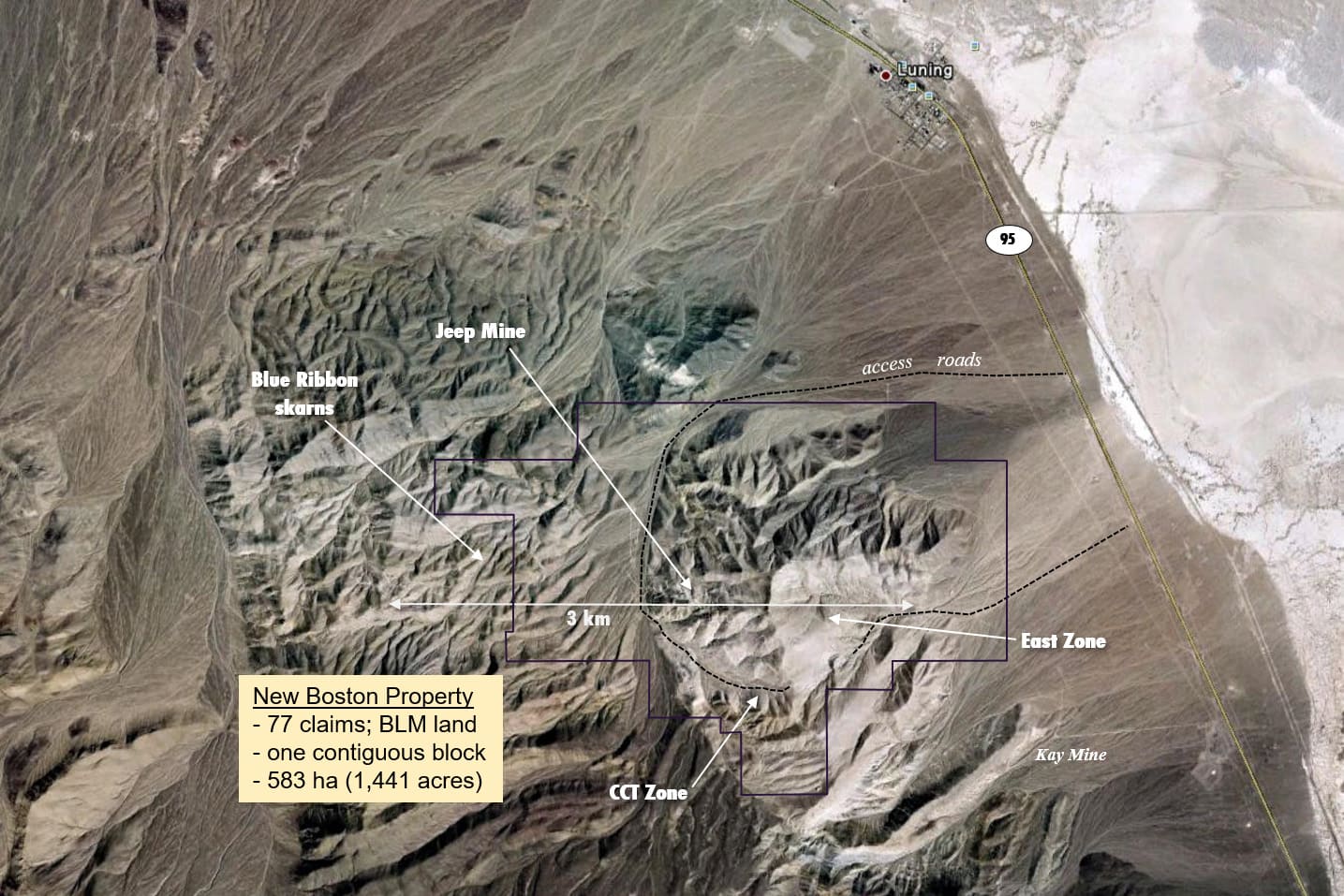 Satellite image, New Boston porphyry-skarn-breccia system, Luning, Nevada